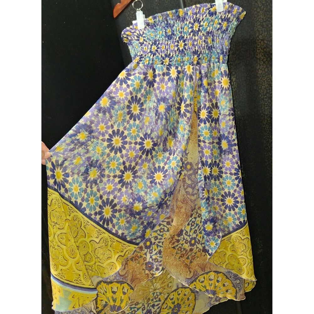 Sunny Leigh Boho Mosaic Tile Strapless Maxi Dress Size L Handkerchief Hem Y2K